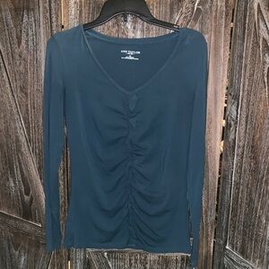 Ann Taylor Deep Blue Gathered V-Neck Blouse